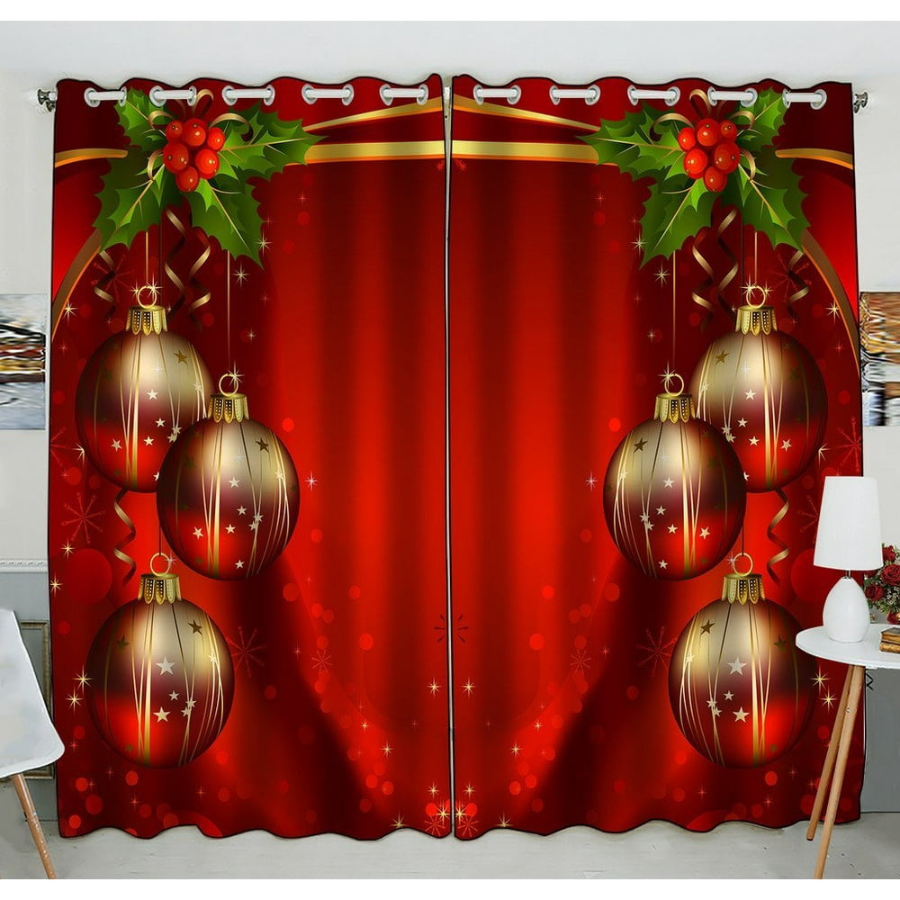 GCKG Merry Christmas Xmas Red Background Festival Balls Window Curtain Kitchen Curtain Size 52(W
