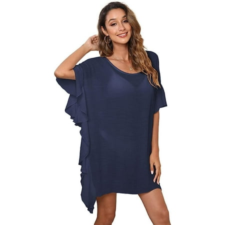 Kukuzhu Women Bathing Suit Cover Up Frill Beach Blouse Scalloped Dress See Through Bikini Swimsuit