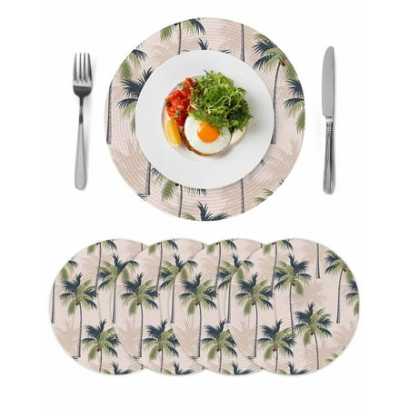 Palm Tree Round 13 Inch Placemats Set of 4 Tropical Coconut Botanical Summer Seaside HeatResistant Non Slip Place Mats for Dining Table Wipeable Braided Kitchen Table Mats for Housewarming