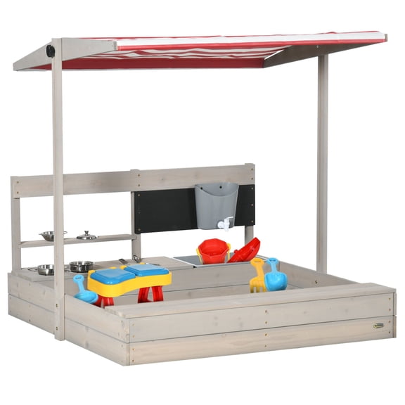 Kids Sandbox with Canopy & Kitchen Toys, Wooden Sand Pit, Seating & Storage, Creative Play, 45x43
