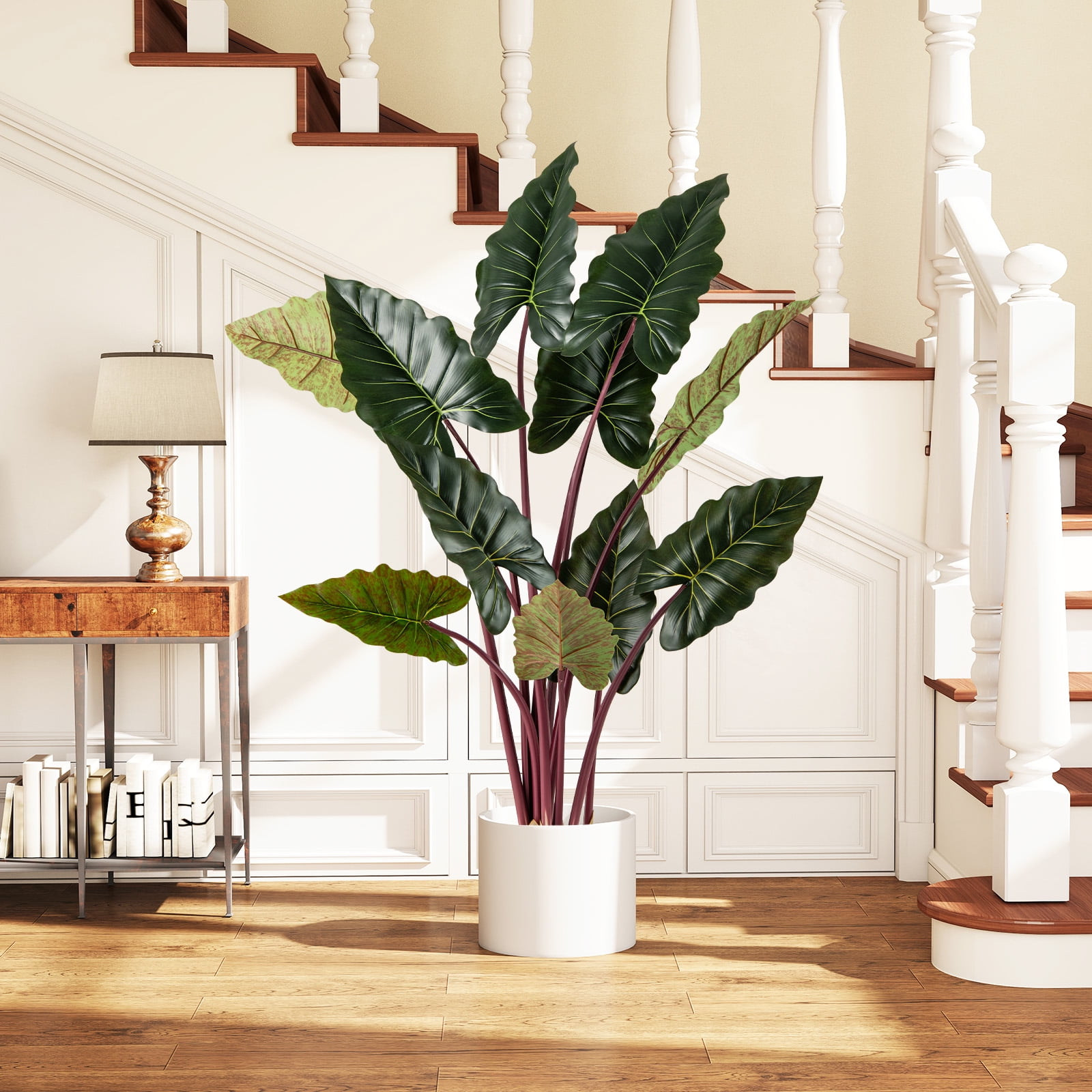 Gymax Artificial Rainbow Taro Tree 63'' Tall Fake Pre-potted Plant w/ 11 Faux Leaves