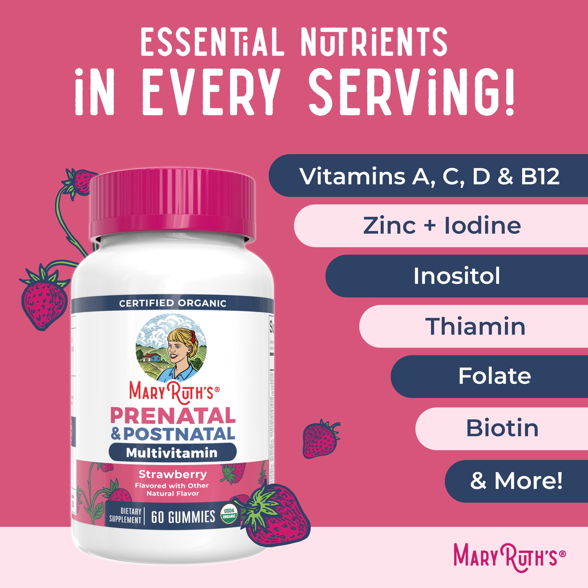 MaryRuth's Prenatal Postnatal Multivitamin Gummies for Women Organic Strawberry Vegan 60 Count