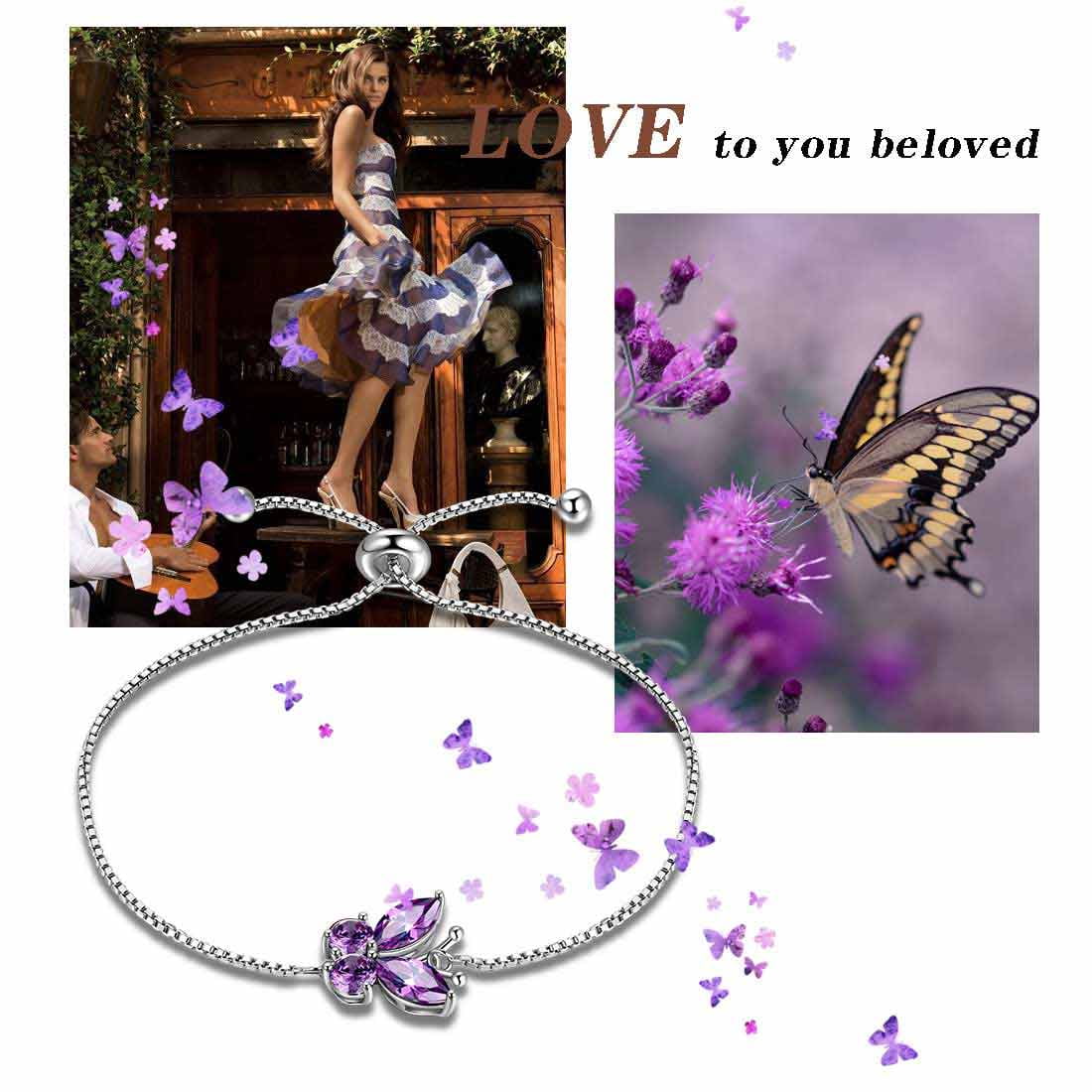 February Birthstone Bracelets Purple Butterfly Bracelet Amethyst CZ 925 Sterling Silver Birthday Jewelry Women Xmas Mother's Day Gifts