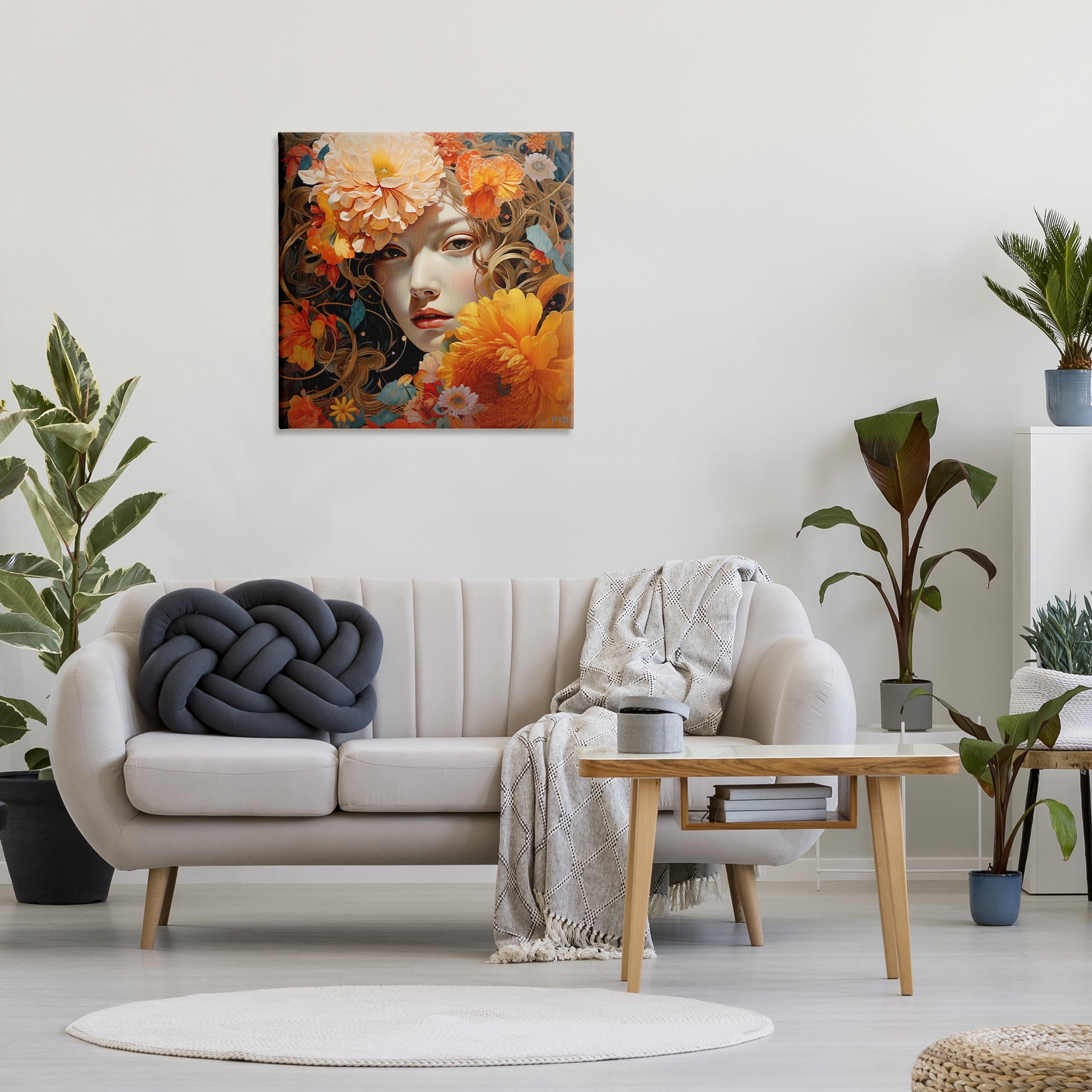 Stupell Industries Woman & Scattered Blossoms Botanical & Floral Painting Gallery Wrapped Canvas Art Print Wall Art, 30 x 30