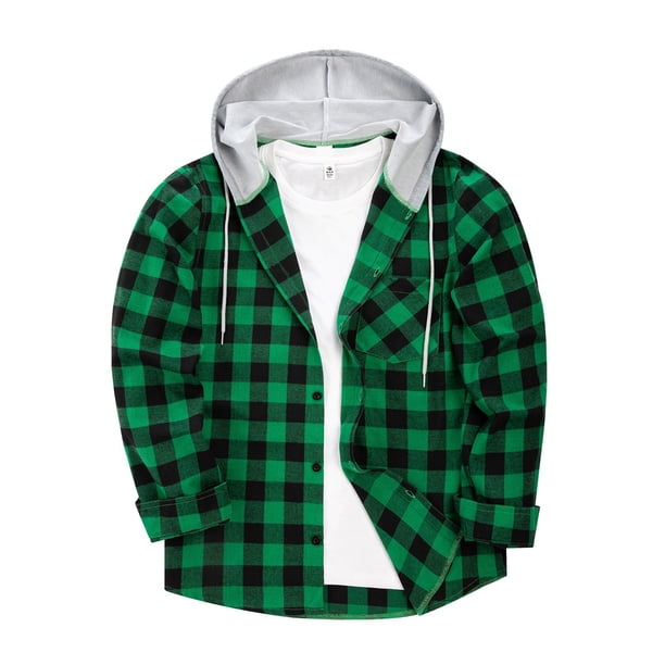 Men's Plaid Long Sleeve Shirt Men's Pocket Button Hooded Sweatshirt M