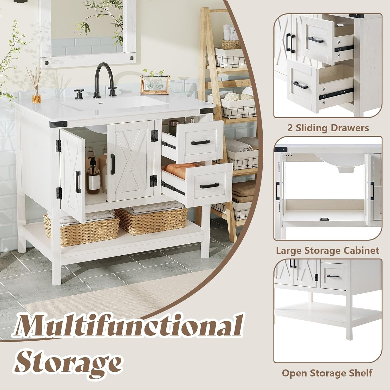 Merluxy Farmhouse Bathroom Vanity with Sink,Wood Barn Door Freestanding Bath Storage Cabinet,White