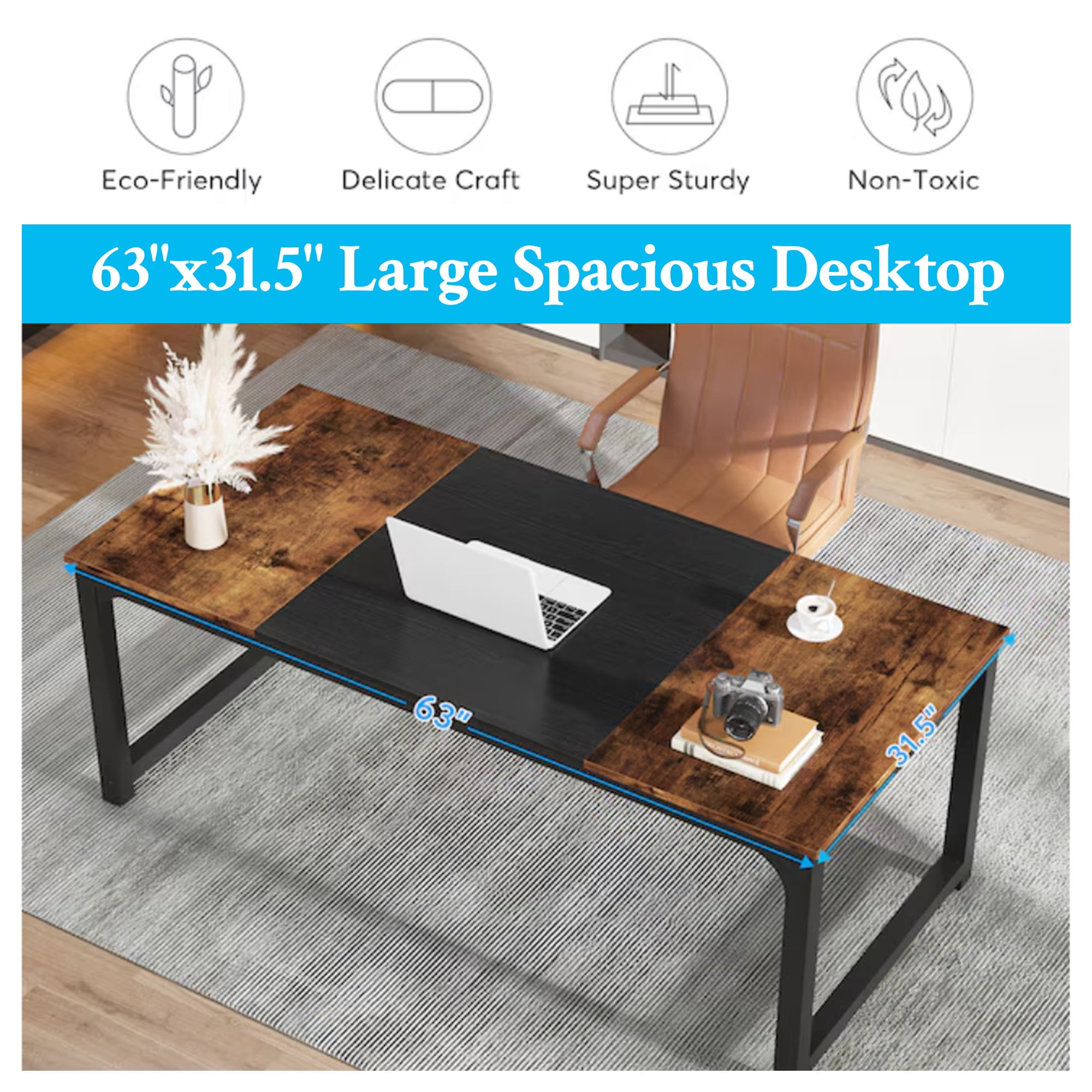 KIOOTTO 63" Executive Office Desk, Large Computer Writing Desk with Heavy Duty Steel Frame, Rustic Brown