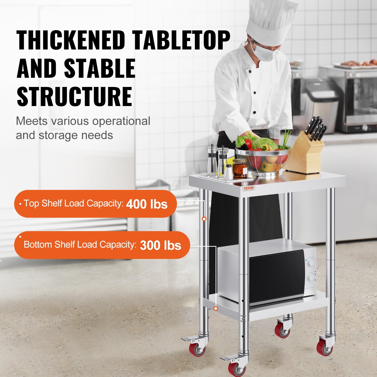 VEVOR Stainless Steel Work Table 24 x 18 x 34 Inch, 700 LBS Load Capacity with 4 Wheels, 3 Adjustable Height Levels, Heavy Duty Food Prep Worktable for Commercial Kitchen Restaurant, Silver