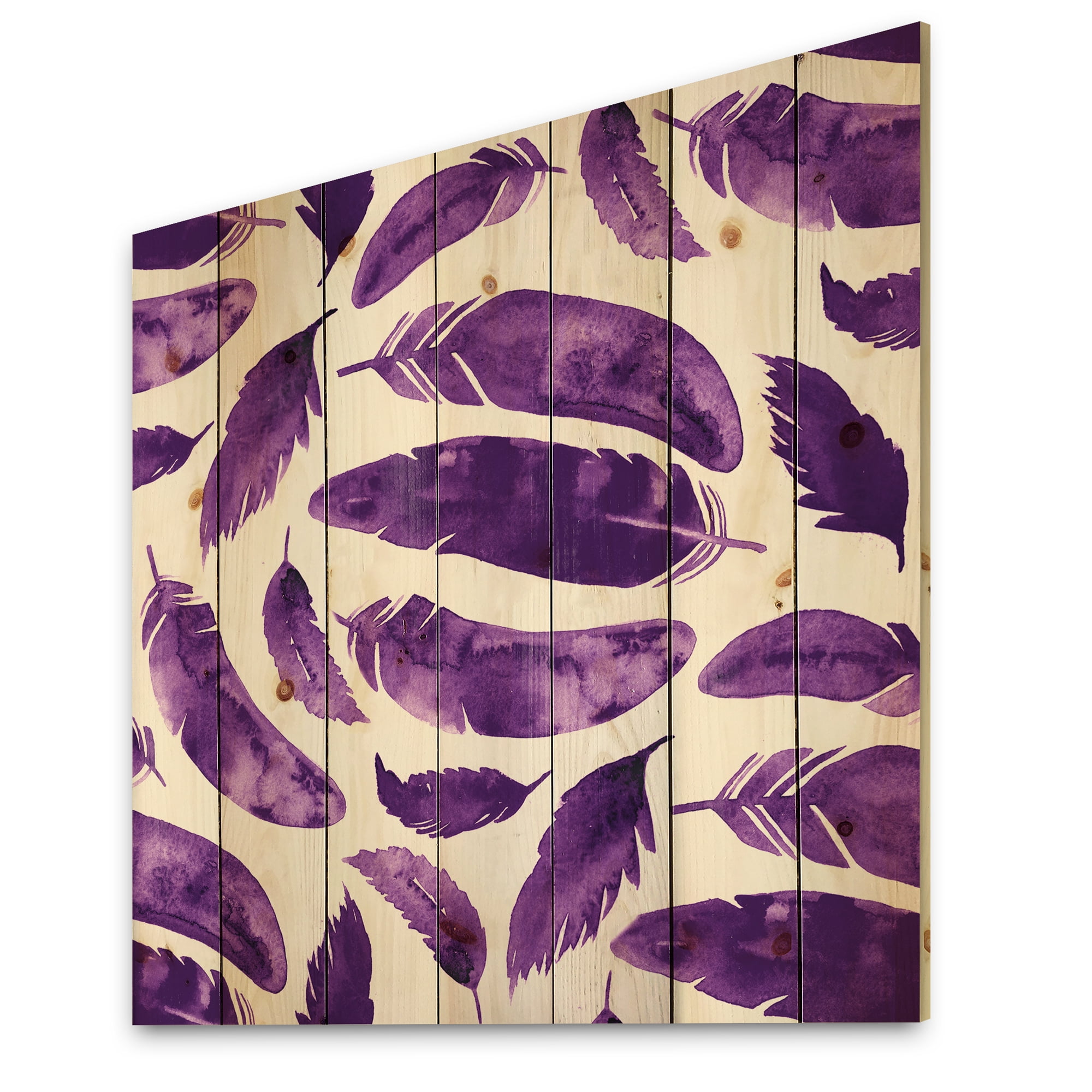 Designart 'Ethnic VIolet Feathers On White' Bohemian & Eclectic Print on Natural Pine Wood
