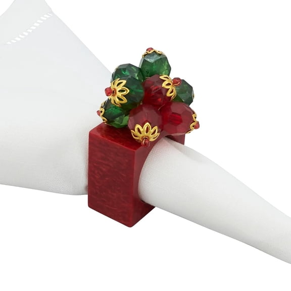 Fennco Styles Holly Jolly Square Beaded Napkin Rings, Set of 4 - Red Holiday Design Napkin Holders for Home, Dining Table, Banquets, Christmas Décor and Special Occasion