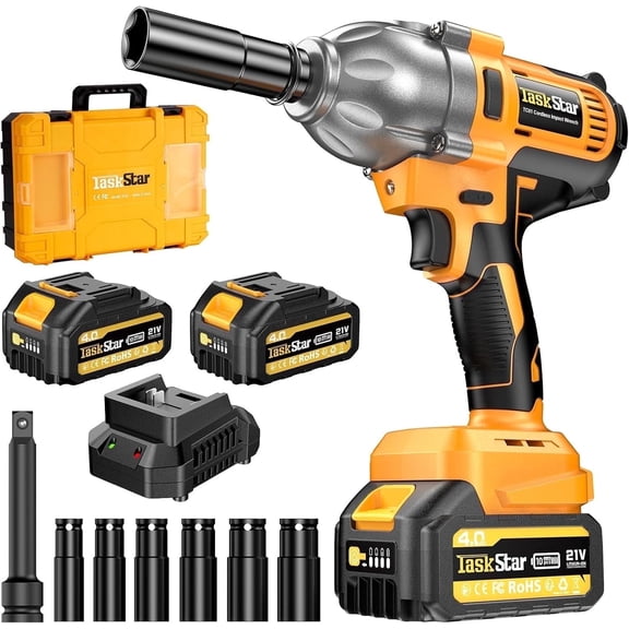 TaskStar Cordless Impact Wrench 1/2 inch, 1200N·m(886ft・lbs) Brushless High Torque Electric Wrench , 21V Electric Impact Driver, 2x4.0Ah Batteries, Charger, Variable Speeds for Car/Truck RV/Mower