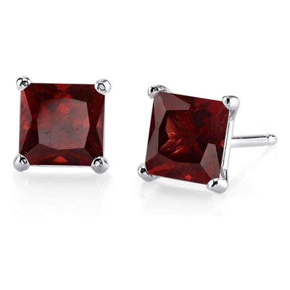 14k Sterling Silver  3 Ct Princess Cut Red Garnet Stud Earrings Plated by Paris Jewelry