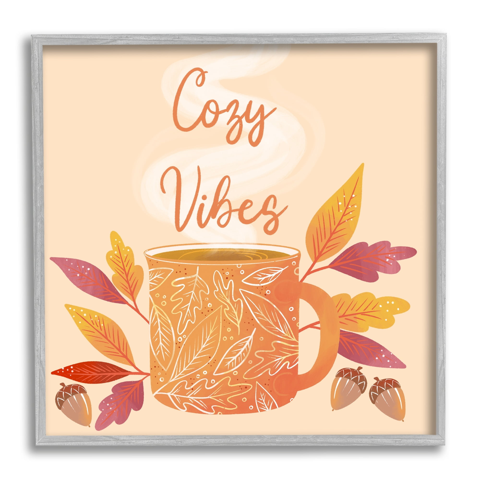 Stupell Industries Cozy Vibes Patterned Coffee Mug Autumn Leaves Graphic Art Gray Framed Art Print Wall Art, Design by Dominika Godette