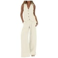 thumbnail image 1 of Conjunto informal de algodón de 2 piezas para mujer: camisa chaleco sin mangas con botones y pantalones rectos de pierna ancha con bolsillos, diseño sexy en el pecho, para uso diario/formal., 1 of 7