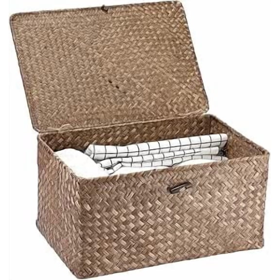 Wicker Shelf Baskets Bin with Lid Large Handwoven Basket Box, Coffee