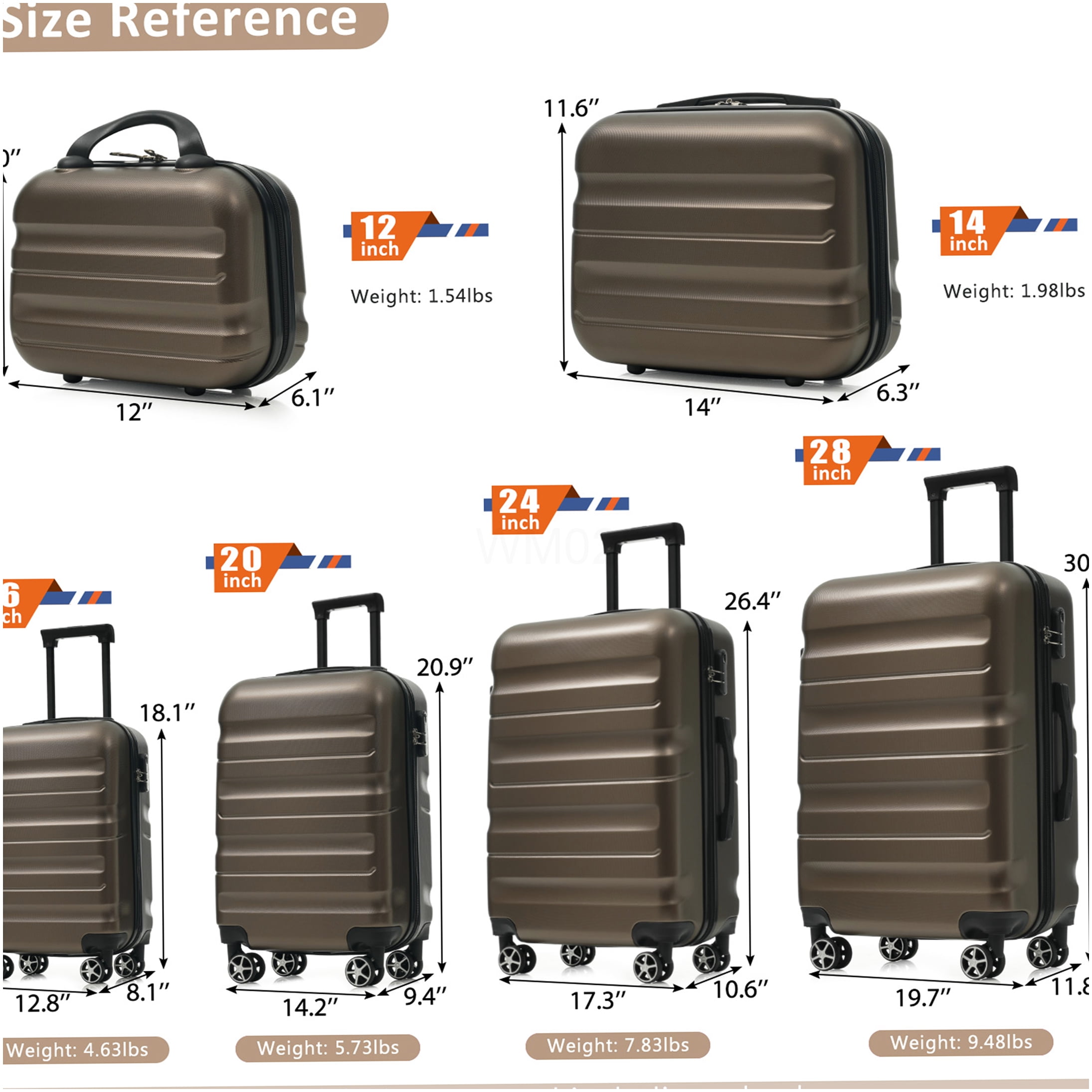 6-Piece ABS Hardshell Luggage Set with Spinner Wheels, Lightweight & Durable Suitcases for Air Travel, Brown