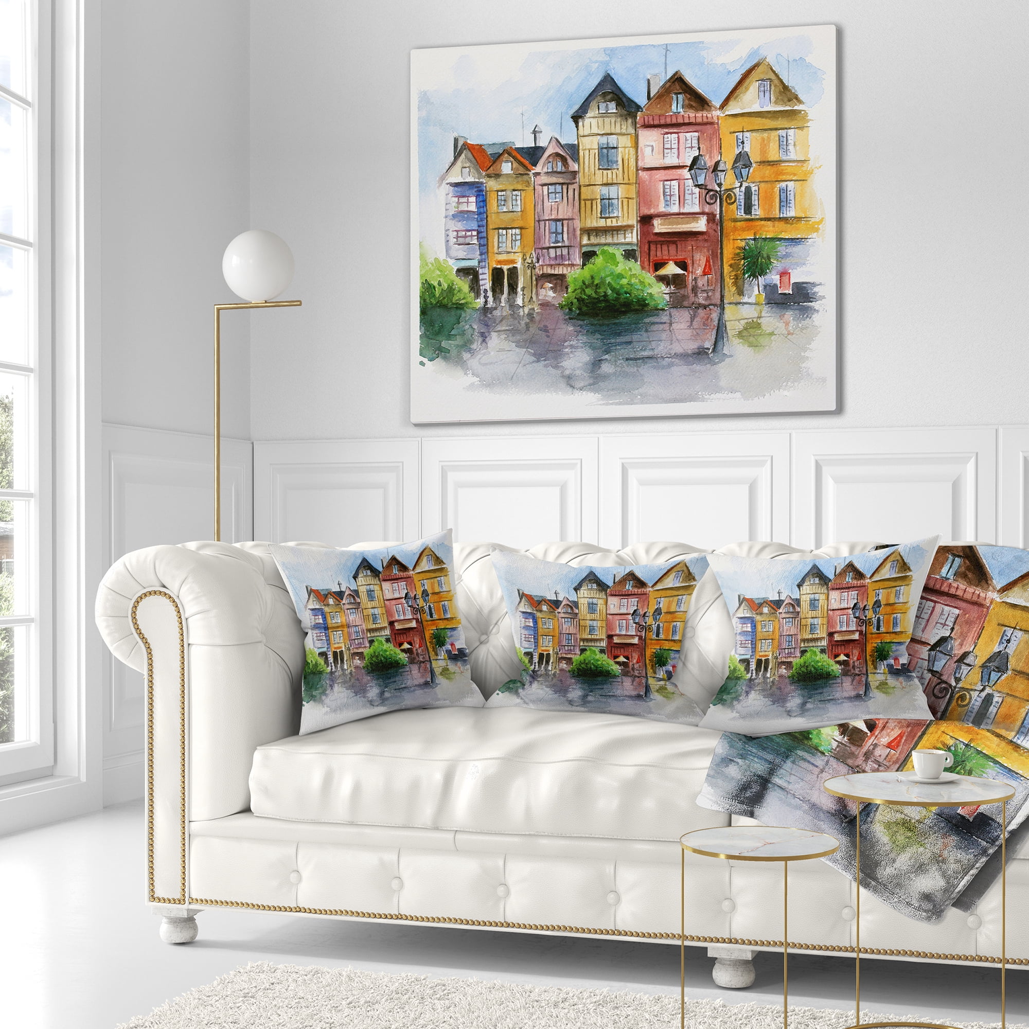 Designart Little City in Watercolor - Landscape Printed Throw Pillow - 18x18