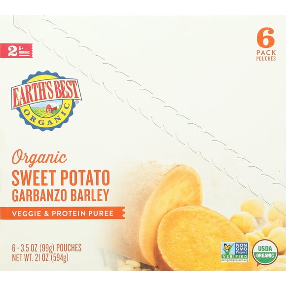 Earth's Best Organic Stage 2 Baby Food, Sweet Potato Garbanzo Barley, 3.5 oz Pouches (6 Pack)