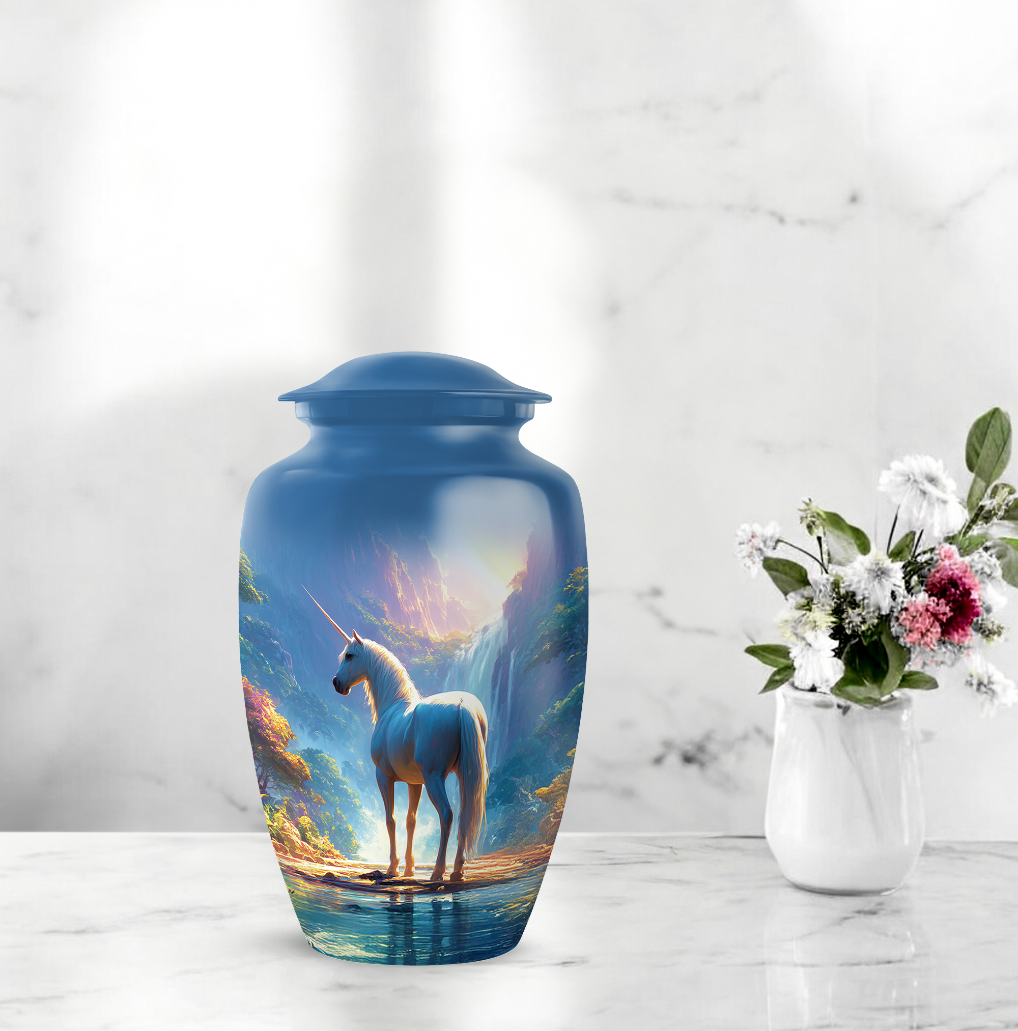 Unicorn Funeral Urns For Adult Female - 1 Large Decorative Urns For Human Ashes Adult Male Dad, Blue Cremation Urn For Human Ashes For Man - 10 Inch, 4 Small Keepsake Urn For Mom, 3 Inch