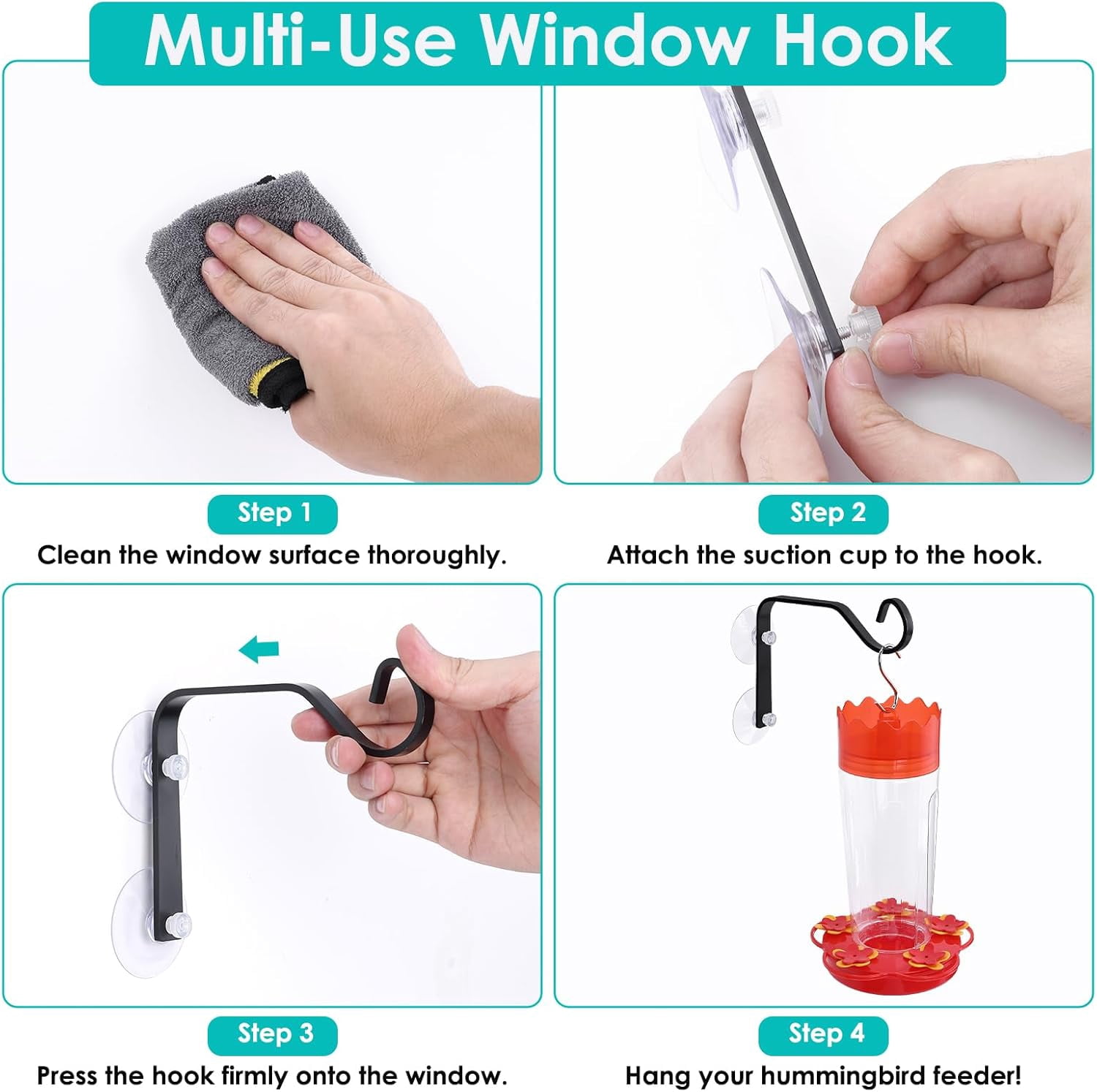 2 Pcs Heavy-Duty Window Suction Cup with Hanger, Window Mounted Wildlife, Hummingbird, Bird Feeders, Decorative Birdhouses, Wind Chimes & Plants, Strong Load-Bearing Hanging Hook