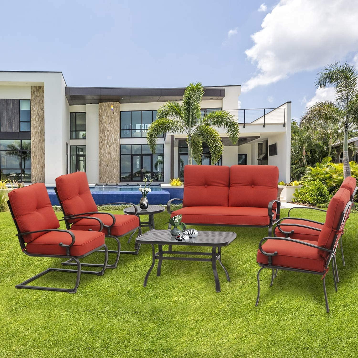 SOLAURA 7-Piece Patio Furniture Outdoor Metal Conversation Set (2 Spring Chairs, 2 Patio Chairs, Loveseat with Coffee Table and Side Table) - Red