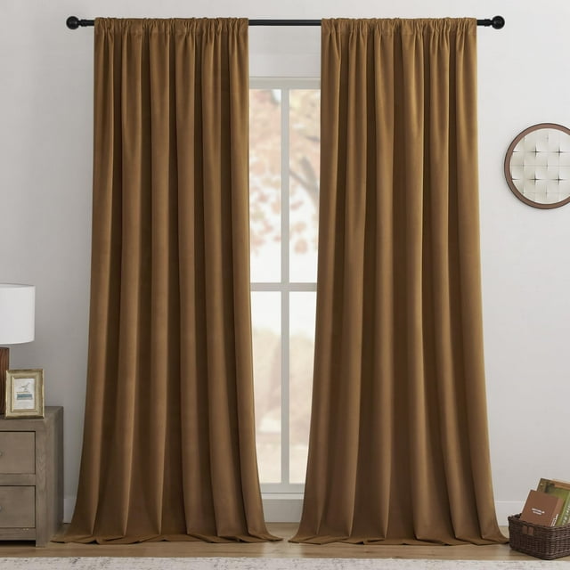 Joydeco Cortinas Opacas 100% Color Marrón Dorado, 96 Pulgadas De Largo, 2 Paneles, Juego De Cortinas Opacas Para Dormitorio, Sala De Estar, Cortinas De Terciopelo Con Aislamiento Térmico De Lujo, Bols