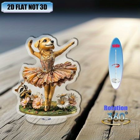 [2D flat] 1PC Rotating acrylic tabletop display featuring a golden retriever ballerina with daisies and a raccoon conductor perfect for home office or gift giving