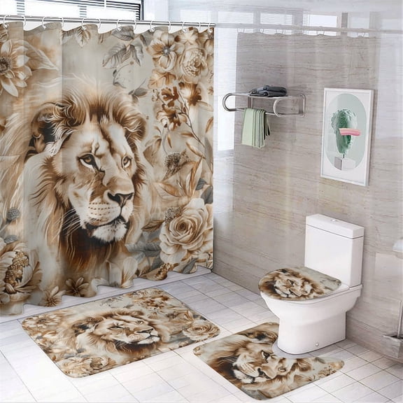 4 Pcs Shower Curtain Sets with Rugs Include Waterproof Shower Curtain Non-Slip Rug Toilet Lid Cover Bath Mat Painting Of A Lion With Leaves And Flowers Wild King Animal