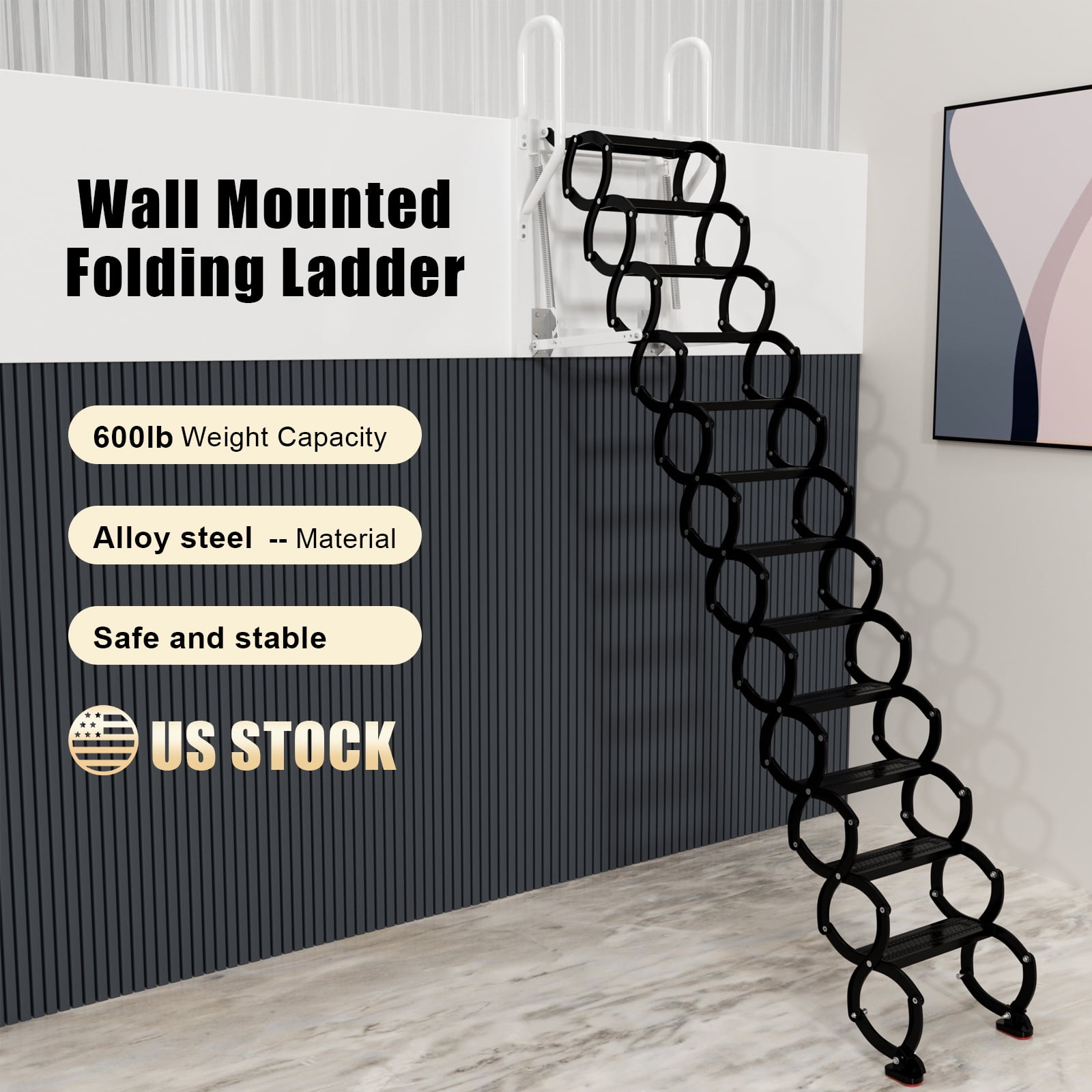 9.84 ft Manual Ladder 12 Steps Wall Mounted Folding Ladder Loft Attic