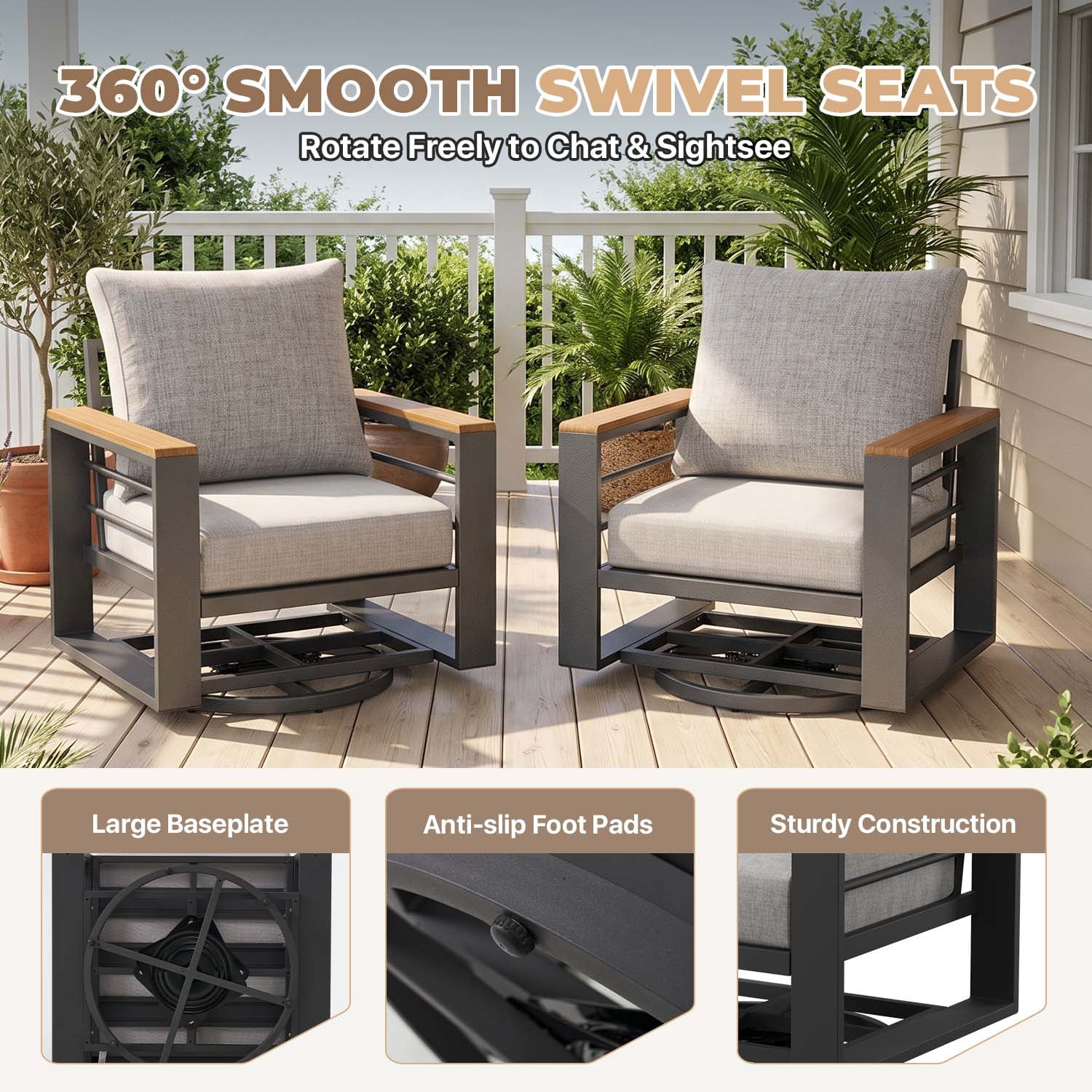 BaPiPro 2PCS Outdoor Swivel Patio Chairs, All Aluminum Frame with Wood-Look Armrest, 24 Inch Extra Wide Seat Fade Resistant Cushioned Single Sofa Chairs for Backyard Pool, Light Gray