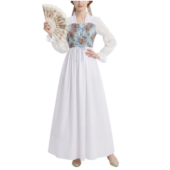 Women's Vintage Dresses Floral Corset Maxi Dress with Puff Sleeve Ruffle Neck Lace Up Long Gown Blue S
