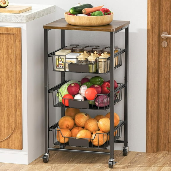 ZHIBO 4-Tier Kitchen Storage Cart, Fruit Vegetable Basket, Wood Top
