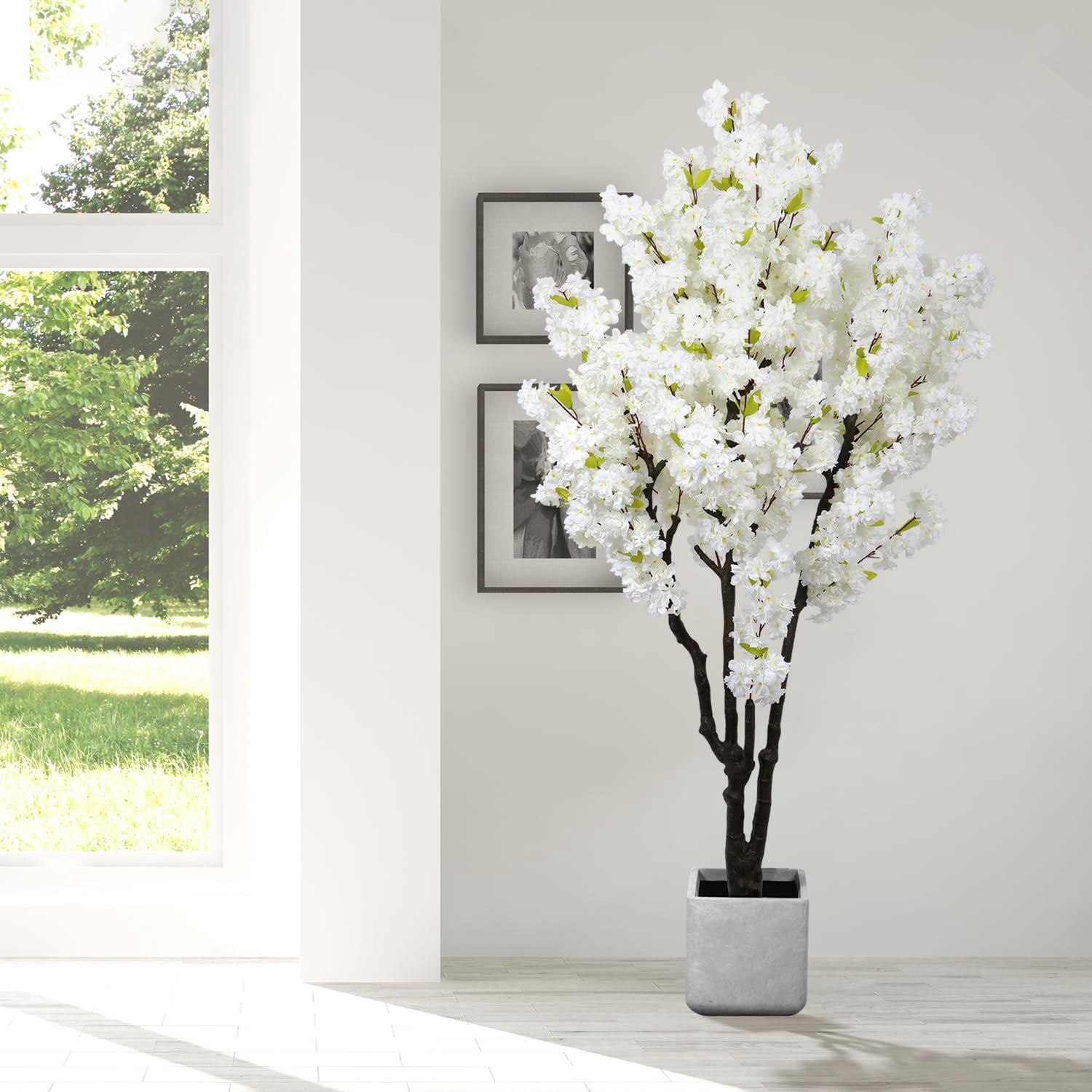 HPNIUB Cherry Blossom Artificial Tree Handmade White Flowers with Faux Leaves Indoor Outdoor Decor for Home Office Spring Party Wedding 6 ft
