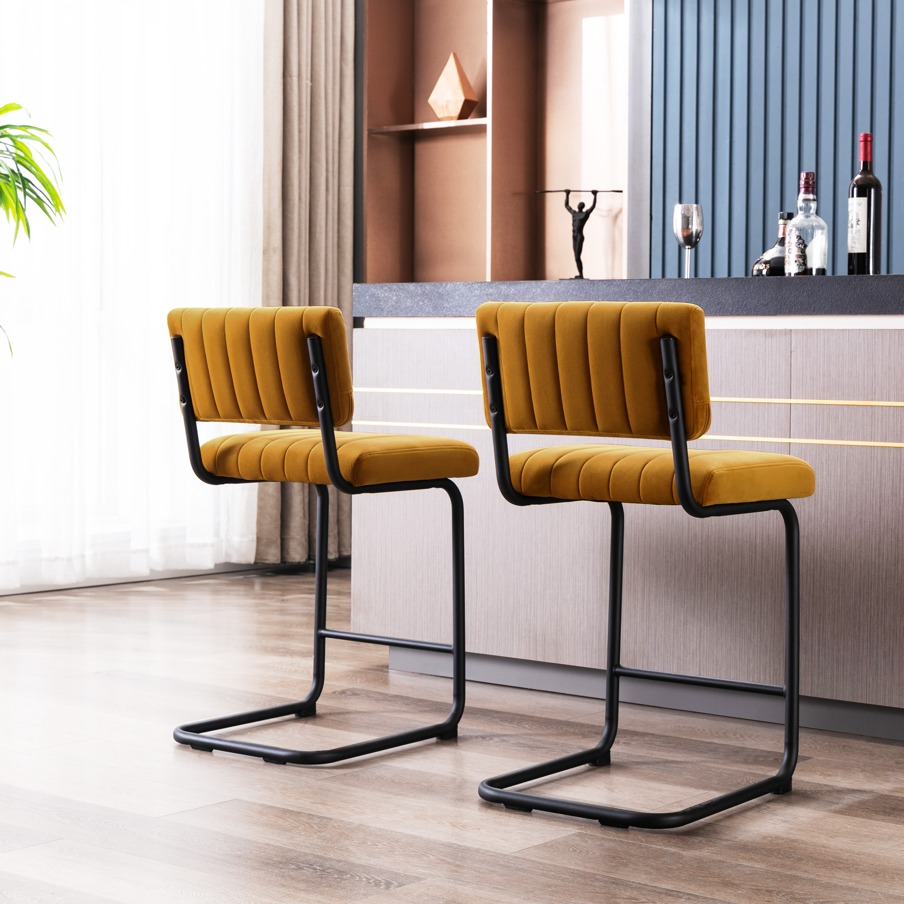 ONEVOG 24''H Counter Height Bar Stools Set of 2, Morden Counter Bar Stools with Velvet and Black Metal Legs, Upholstered Bar Stool For Kitchen Island, Cognac