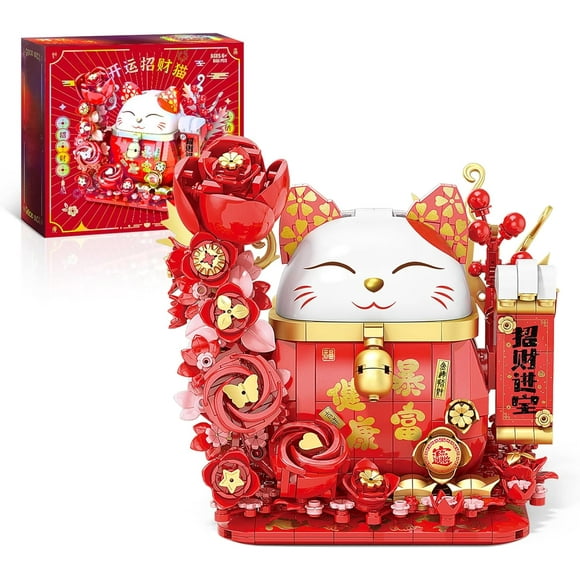 NAYIHOOP Red Lucky Cat Building Sets Animals with Flowers for Boys Girls Not Compatible with Lego