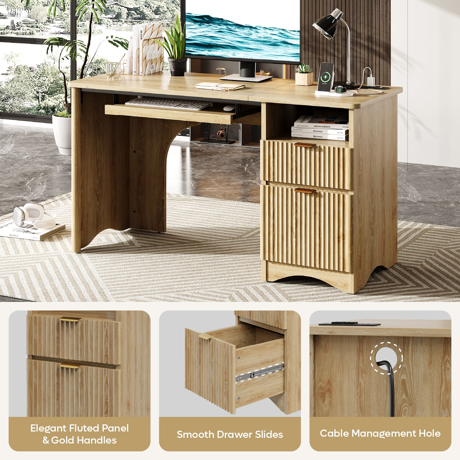 Bestier 55" Computer Writing PC Desk Home Office with Power Outlets Keyboard Tray and Storage Drawers, Log