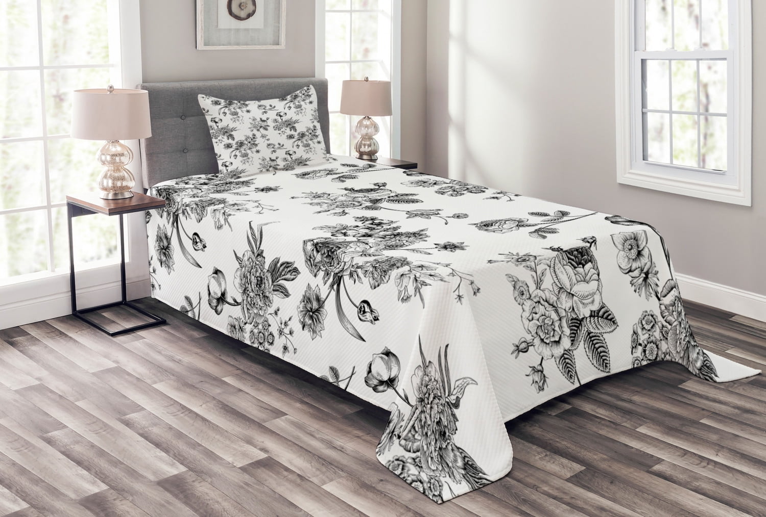 Black and White Bedspread Set Twin Size, Vintage Floral Pattern