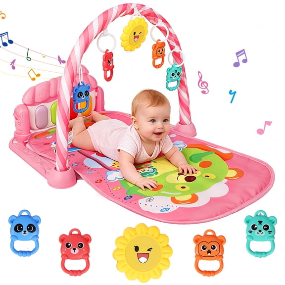 Baby Play Mat, Caveen Activity Gym Play Mat Center with Musical Play Piano and Hanging Rattles Toys, for Infants 0-12 Months, Pink