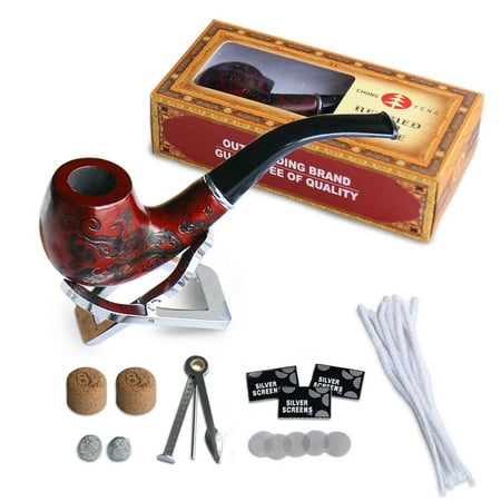 Wooden Tobacco Pipe Tips Joyoldelf Wooden Cigarette Tobacco Smoking Pipe with 3-in-1 Pipe Scraper + 2 Cork Knockers + 10 Pipe Cleaners + 2 Metal Screen Percolator Leach Nets + 3 Packs of 5 Pipe Screens + Pipe Holder ()