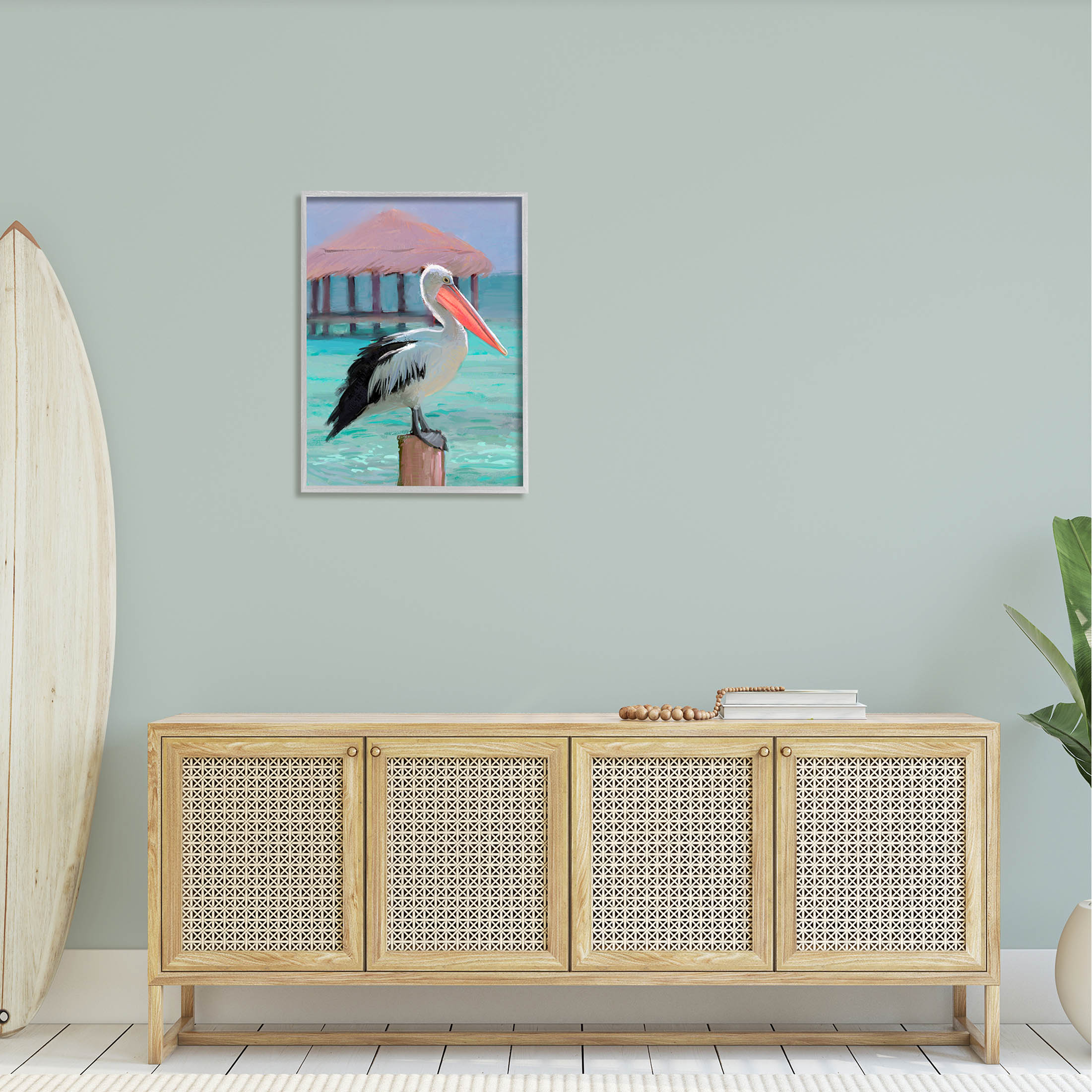 Stupell Industries Tropical Perched Pelican Painting Gray Framed Art Print Wall Art, Design by Ziwei Li