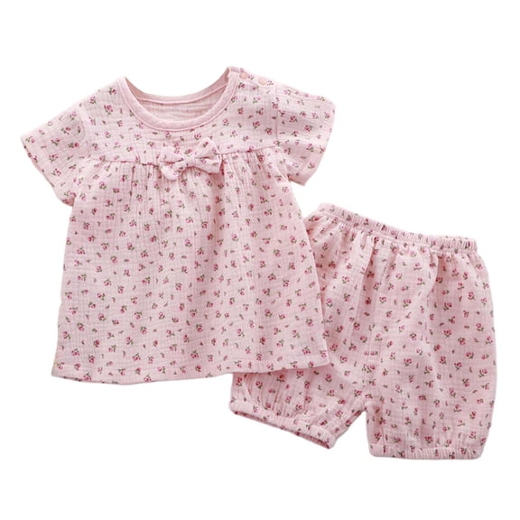Kids Girl 2-Piece Outfit Soft Cotton Muslin Floral Shorts & Top Set with Bow Pink Kids Summer Lounge Playtime Clothes,Size 6-12 Months