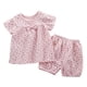 thumbnail image 2 of Conjunto de verano para niñas, cuello redondo, manga corta, estampado floral pequeño con lazo, material de gasa, pijama cómodo y transpirable de dos piezas para niñas pequeñas, conjunto de algodón par, 2 of 9
