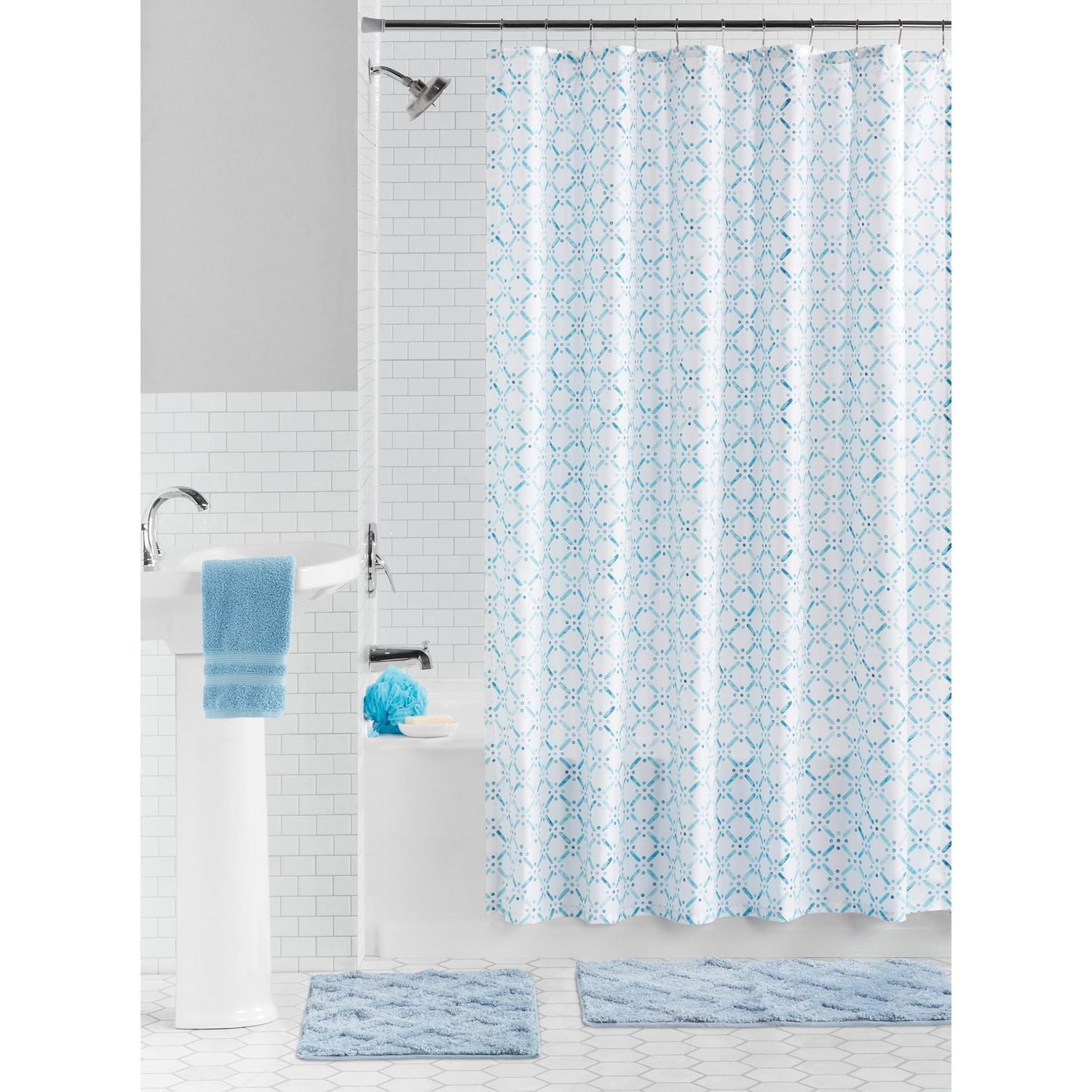Mainstays Ensemble d'accessoires de Bain Rylee Diamond de 15 Pièces, Bleu/Blanc Ensemble de bain bleu/blanc