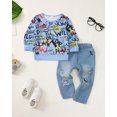 thumbnail image 2 of Kucnuzki Infant Baby Boys Winter Outfits 18-24 Months Warm Clothes Sets Long Sleeves Pullover Sweatshirt Letter Graffiti Print Top Ripped Denim Pants Jeans 2pcs Pant Sets Blue, 2 of 8