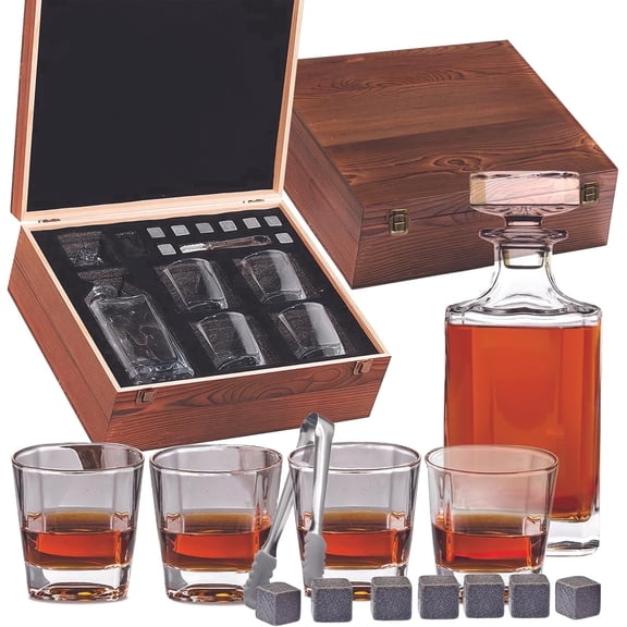 HomeDrink 34 oz Liquor Bourbon Decanter Gift Set, Wooden Box Kit with 4 Glasses, Chilling Stones & Tongs, Premium Men’s Drinks Gift