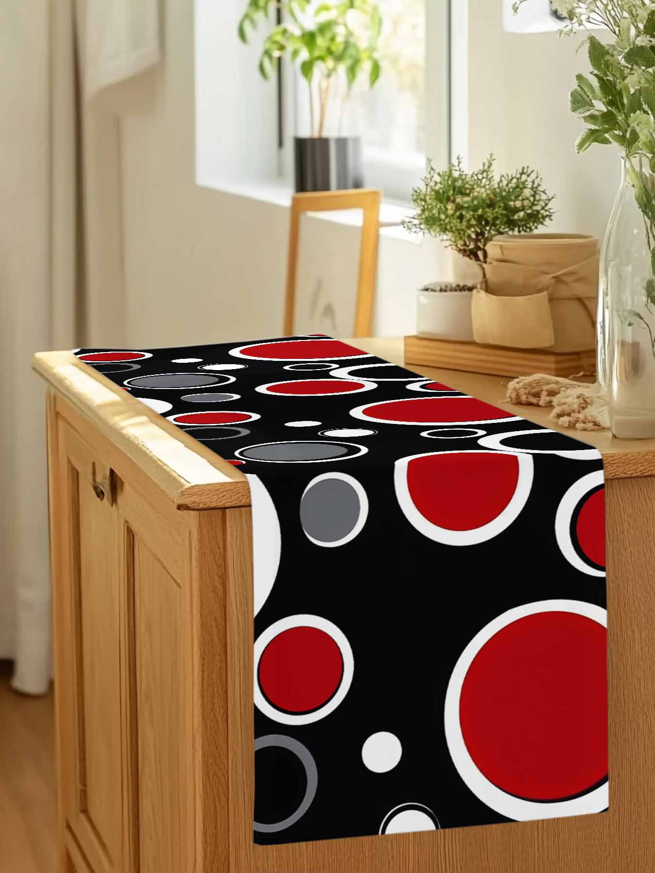 Abstract Red Black Circle Table Runner 90 Inches Long, Color Block on Black Table Runners Tabletop Scarf Kitchen Dining Tables Decoration for Home Party Indoor Outdoor