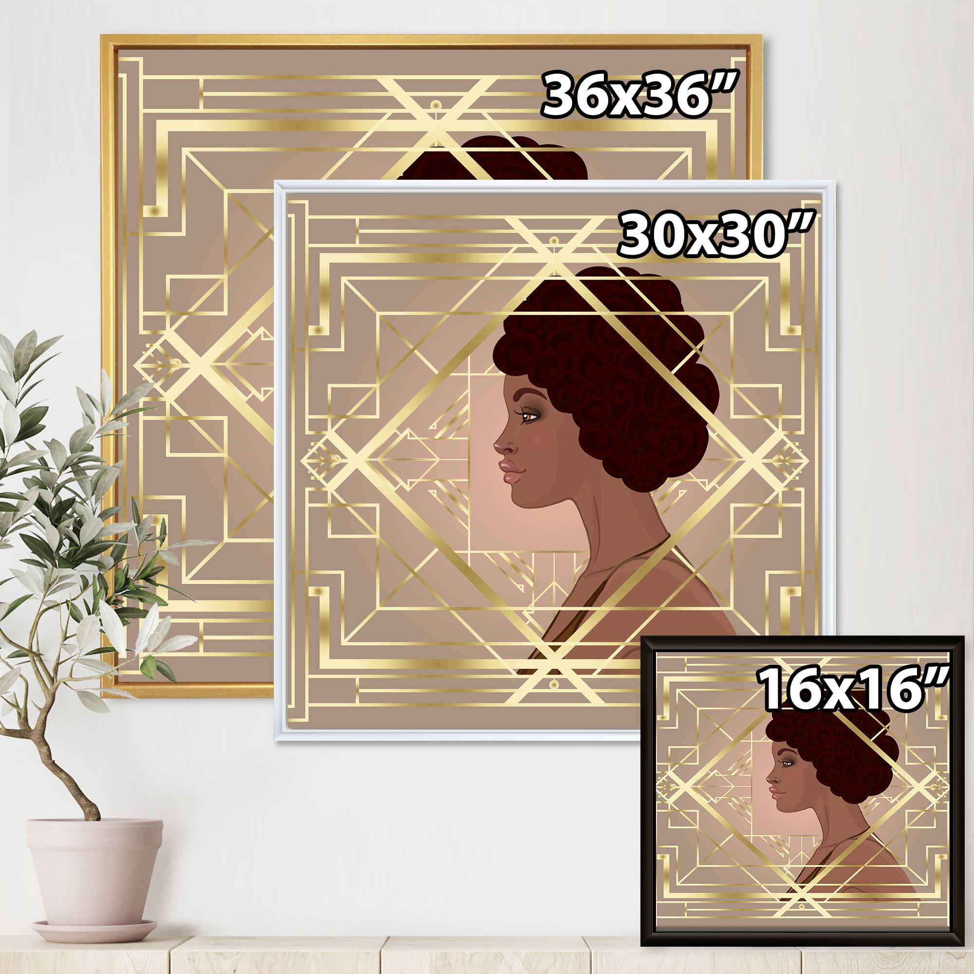 Designart 'Retro Girl In Golden Art Deco Geometrics II' Modern Framed Canvas Wall Art Print