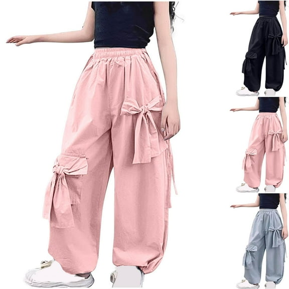 MKOSPLRT Bow Cargo Pants for Girl 5-16 Years Elastic Waist Baggy Wide Leg Pants Solid Casual Cinch Bottom Dance Pants with Pocket