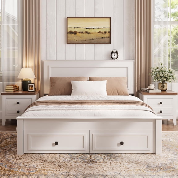 UHOMEPRO Full Size Storage Bed Frame with 2 Drawers, Wood Platform Bed Frame with Headboard & Footboard, Strong Support Slats, Full Bed Frame No Box Spring Required, White