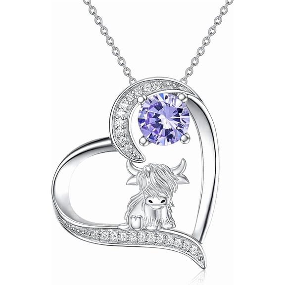 Highland Cow Necklace 925 Sterling Silver June Birthstone Heart Pendant Necklaces for Women Mother's Day Birthday Jewelry Gifts 18"   2" Extender